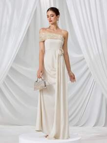 Vestido de gala de alta gama, diseño de parches de lentejuelas sin espalda, elegante y lujoso vestido de fiesta para dama, vestidos de noche lujosos para mujer, vestido suave de verano con lentejuelas blancas, formal, vestido de gala, para invitado de boda - Albaricoque - Ver 4