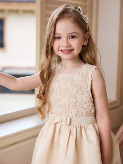 SHEIN Young Girls Elegant Apricot 3D Rose Flower Sleeveless Dress