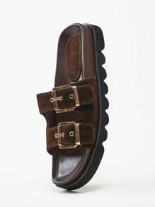 Solezae Women Chunky Buckle Decor Thick Bottom Basic Everyday Comfort Outdoor Suede Brown Flat Slipper Sandals Vacation Shoes Casual Shoes Beach Shoes Mother's Day Present - Brown - View 1