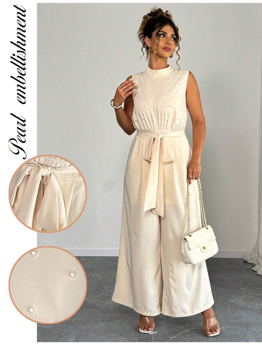 Elenzga Combinaison longue élégante et simple pour femmes, avec col noué, perle bulleuse, sans manches, taille nouée, de couleur abricot, pour l'été - Nude - Voir 1