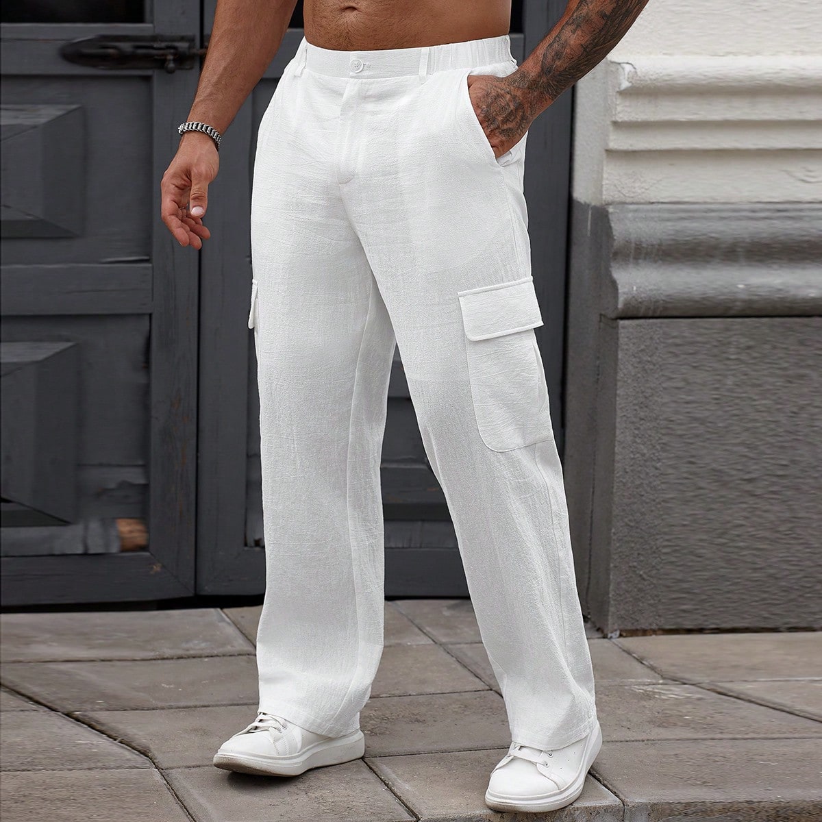 Pantalones casuales de verano de unicolor con estilo cargo y bolsillos grandes para hombres, otoño