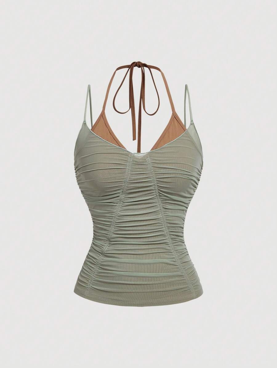 SHEIN MOD Maglietta donna a fascia con nodo in maglia, gialla, top corto primaverile, adatto per festival musicali, abbigliamento western da donna, top estivi carini