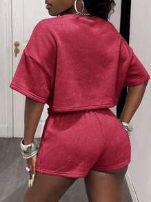 Slaydiva 2 Stücke/Set Frühling/Sommer 2025 Lässig Sport Streetwear Damen Rundhals Kurzarm T-Shirt und Shorts, Schneeflocken Stoff Sweatshirt Outfit