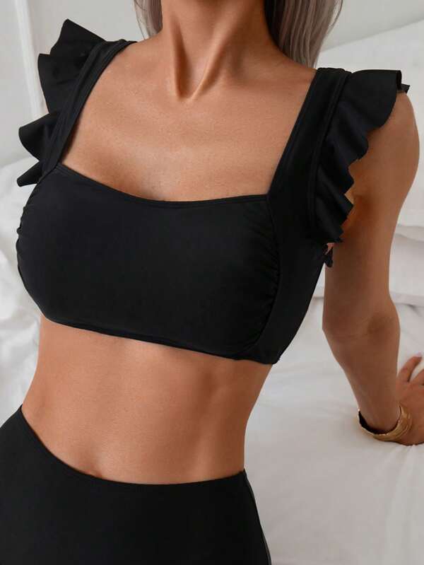 Swim Vcay Women's Solid Color Black Ruffled Square Neck Crop Bikini Top For Summer Beach Vacation