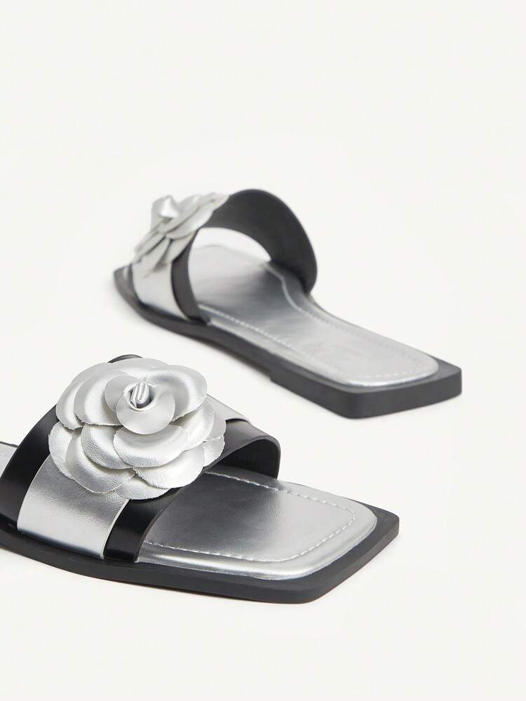CUCCOO CHICEST Women's Silver & Black Floral Net Comfortable Slip-On Flats