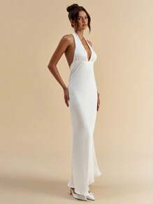 SHEIN BAE 女式夏季纯白色露背珍珠链缀饰优雅长裙/女士夏季服装/毕业礼服/女士白色礼服/舞会礼服/女士婚礼宾客礼服/女士生日礼服 - 白色 - 查看 5