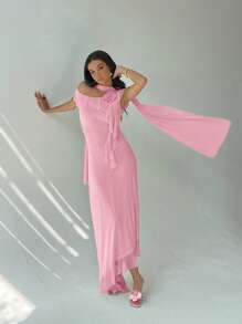 Aloruh Elegant Off Shoulder Floral Design Dress, Fitted & Slimming, Resort Style - Pink - View 7