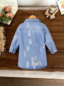 Baby Girls Casual Street Style Light Washed Ripped Denim Mid-Length Shacket - Light Wash - View 2