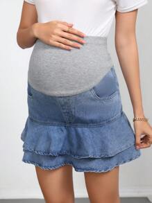 SHEIN Elastic Patchwork Autumn Maternity Denim Skirt Autumn Festival - Light Wash - View 4