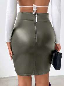 EURMUSE Women's Solid Color Pleated Zipper Back Bodycon Mini Skirt - Army Green - View 2
