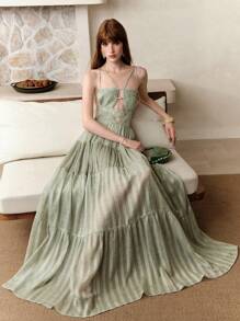 Arave 编织条纹印花细肩带露背褶皱复古优雅女式连衣裙，夏季 - 綠色 - 查看 3