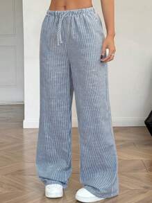 SHEIN 少女蓝白条纹宽松休闲抽绳阔腿裤 - 藏蓝色 - 查看 4