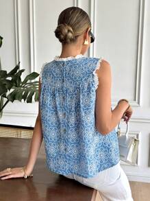 SHEIN Frenchy Áo sơ mi nữ rộng rãi họa tiết hoa tua rua, mùa hè - Màu xanh lam - Xem 2