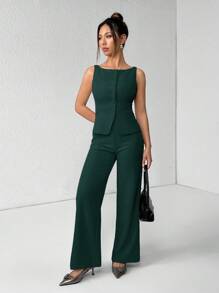 SHEIN PETITE Women's Solid Color Round Neck Single-Breasted Vest And Pants Elegant Commuter Suit, Summer Fall Women Clothes Women Set Office Wear Business Casual Women Two Pieces Outfits Fall Women Office Wear Women Set Women Blazers Set Office Outfits For Women Business Women Attire Professional Women Clothes