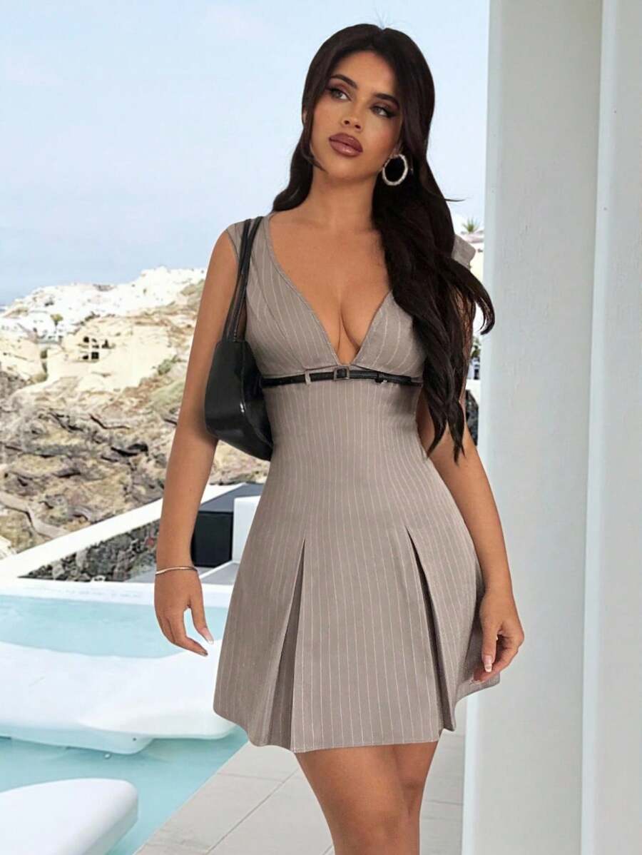 Firerie Women's Elegant Striped Ruched Mini Dress,Summer White Seductive Dinner Date,Commute Street Casual,Grey Graduation Dresses For Women,Back To School