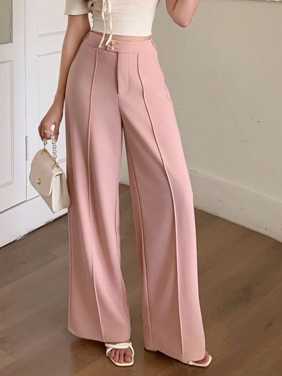 SHEIN Pantalones rectos casuales y versátiles de pierna holgada, de color rosa, elegantes para uso diario y para ir y venir