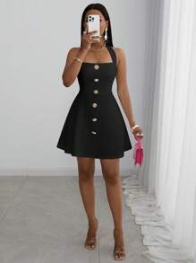 Slaydiva Sommer 2025 Neues Musikfestival, Ostern, Muttertag, Hochzeitssaison Kleid, Alltagstragen, Lässig, Urlaub, Kreuzfahrt Reise, Strand, Sonnenanbetung, Street-Style, Elegant, Pendeln, Business Lässig, Neckholder, Schulterfrei, Rückenausschnitt, Rosegold Metallknopf Dekoration, A-Linie Mini Kleid, Weiß, Damen Kleid