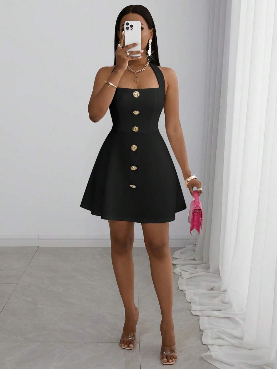 Slaydiva Sommer 2025 Neues Musikfestival, Ostern, Muttertag, Hochzeitssaison Kleid, Alltagstragen, Lässig, Urlaub, Kreuzfahrt Reise, Strand, Sonnenanbetung, Street-Style, Elegant, Pendeln, Business Lässig, Neckholder, Schulterfrei, Rückenausschnitt, Rosegold Metallknopf Dekoration, A-Linie Mini Kleid, Weiß, Damen Kleid