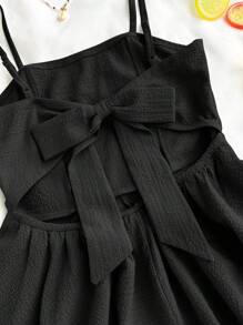 SHEIN Teen Girls' Textured Chiffon Layered Ruffled Waist Tie Cami Overall Jumpsuit Romper, Black, Casual, Holiday, Spring/Summer - Black - View 5