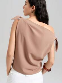 Ontre 女士春夏流行卡其色打结夏季优雅时尚上衣，休闲都市风，简约时尚，适合城市通勤，优雅简约，教师节着装，适合夏季、都市度假、海岛度假、海岛音乐节，宽松修身衬衫 - 咖啡棕 - 查看 2