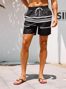 Surfspeed Men's Casual Contrast Stripe Beach Shorts - Black - View 7