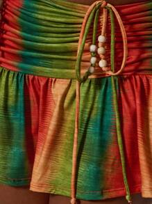 MUSERA Plus Size Ruched Printed Fitted Frill Hem Bead Detail Mini Skirt Cover Up Swim, Holiday, Sexy, Cute Autumn Winter Fall