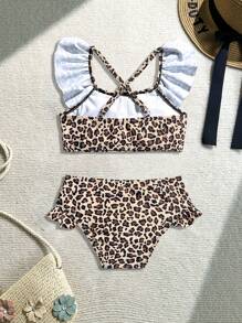 SHEIN 新作ファッション かわいい女の子 レオパード柄 フルプリント セパレート水着、首と足首にロータス柄フリル装飾付き - マルチカラー - チェックする 2