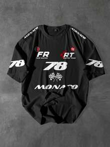 PAVTROS Manfinity Streetrush Men's Letter Print Round Neck Short Sleeve Casual T-Shirt, Summer Racing Shirts Men S Streetwear Shirts Racing T Shirt