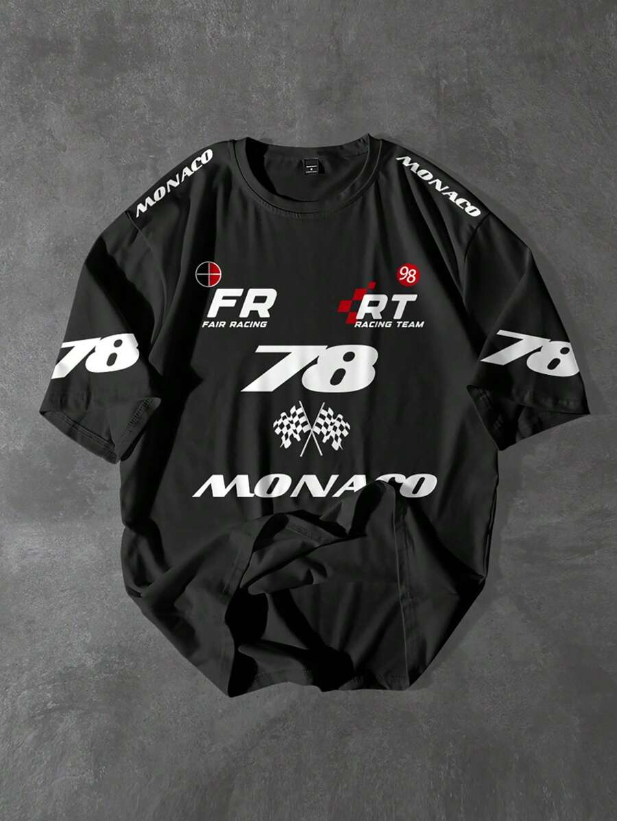 PAVTROS Manfinity Streetrush Men's Letter Print Round Neck Short Sleeve Casual T-Shirt, Summer Racing Shirts Men S Streetwear Shirts Racing T Shirt