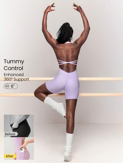GLOWMODE 6'' FeatherFit™-Air Sweat-Wicking Quick-Dry Get Moving Tummy Control Halter Crisscross Strap Romper Bodysuit With Side Pockets Low Impact Yoga Pilates Studio Daily Casual Wear