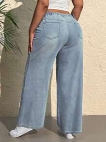 SHEIN EZwear سراويل جينز فضفاضة كاجوال متعددة الاستخدامات مطرزة بالزهور، مقاس كبير للنساء