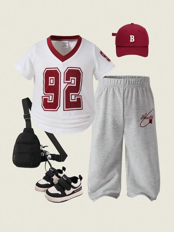 2pcs Infant & Toddler Girl Sports Casual Burgundy Digit Print Contrast White V-Neck Tee And Floral Grey Print Pants Set, Suitable For Daily Wear, Game Watching, Streetwear Toddler Summer Clothes