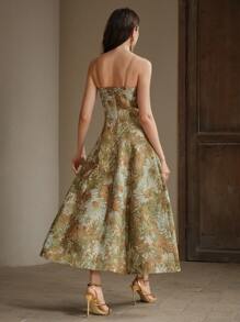 Anewsta Women's A-Line Painting Style Spaghetti Strap Party Dress, New Arrival - Coffee - View 2