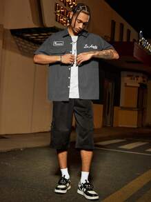 PAVTROS Áo sơ mi nam Manfinity Streetrush dáng rộng, thiết kế túi tiện dụng, áo sơ mi tay ngắn cài nút màu xanh, áo sơ mi thường ngày nhiều túi, thời trang đường phố - Xám - Xem 5