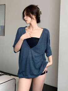 DAZY Camiseta holgada de manga corta con cuello en V profundo minimalista informal, para mujer, de verano