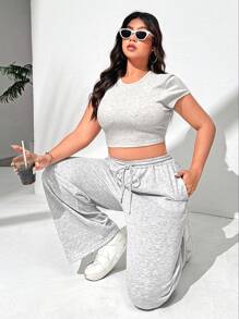 CovetEZ 2 件套夏季纯色圆领短袖上衣和裤子休闲日常大码套装 - 淺灰色 - 查看 10