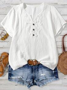 Linhara Plus Size Solid Color Lace Patchwork Notch Neck Casual Short Sleeve Shirt