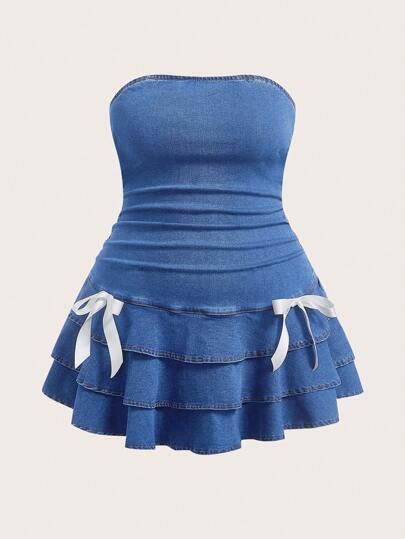 SHEIN MOD Plus Size Women Strapless Ruched Bow Decor Ruffle Denim Dress