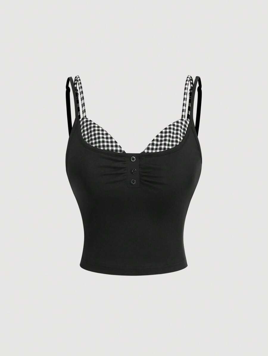 SHEIN MOD Black & Plaid False Two-Tone Layered Cami Top With Front Button Detail - Perfect For Dates, Parties, And Outings | Retro, Old Money, And Preppy Style | Cute School, Y2K Millennium Fashion, Vacation Woman, Boho Women's, Country Concert, Rave Festival, Brunch For Women, Beach Vacation, European Summer.Cute Summer Tops - Black - View 1