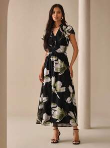 Lilora Women's Elegant Printed Dress, Suitable For Commuting, Daily Wear, And Gatherings Urban Style Floral Long Leisure, - Black - View 6