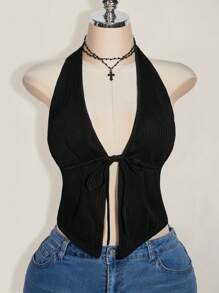SHEIN ICON Plus Size Black Halter Tied Bow Backless Knit Top, Front Tie Bow Blouse, Y2K Basic Halter Neck Shirt