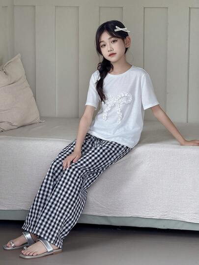 SHEIN 青少年女孩两件套花卉荷叶边蝴蝶结圆领短袖T恤和格子宽松休闲睡裤