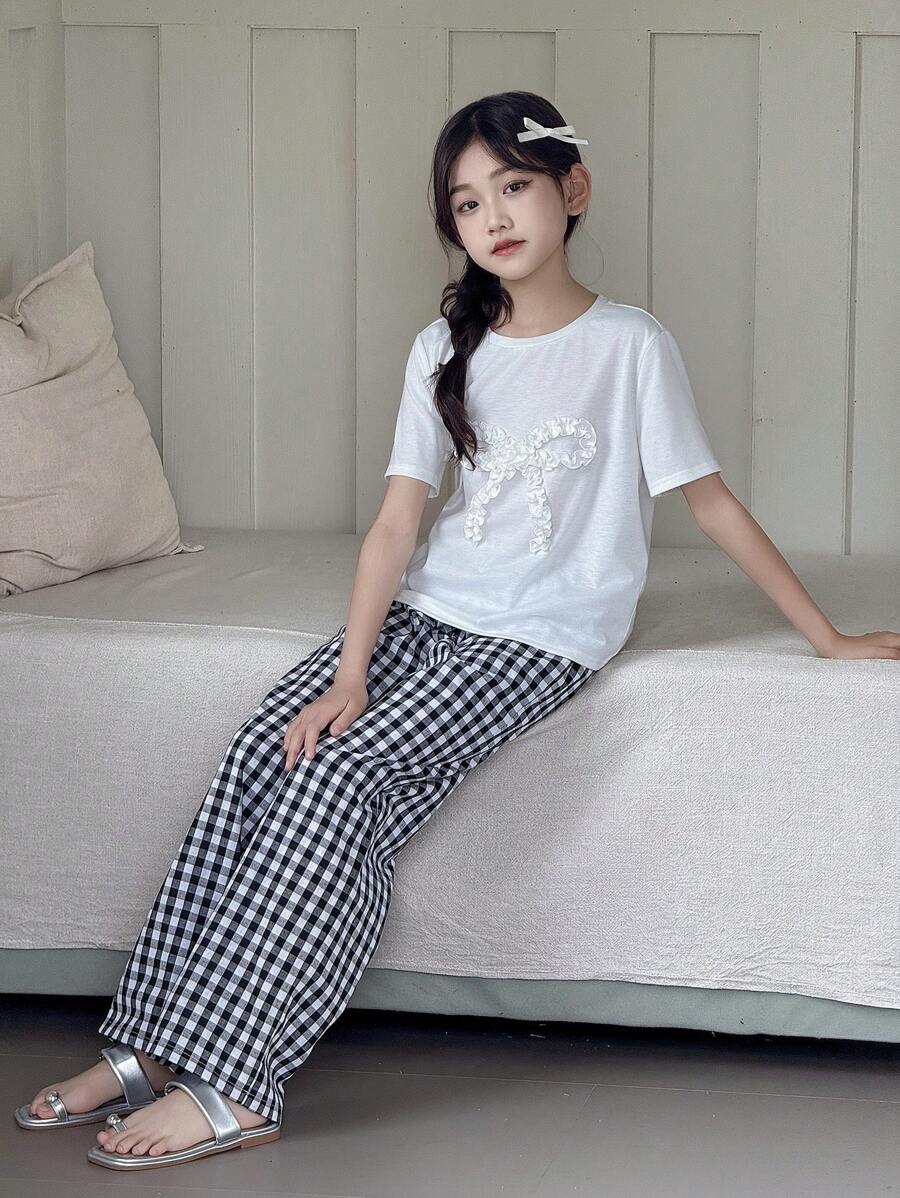 SHEIN 青少年女孩两件套花卉荷叶边蝴蝶结圆领短袖T恤和格子宽松休闲睡裤