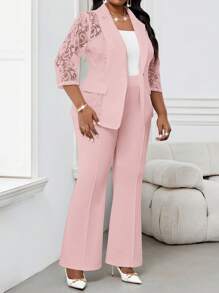 SHEIN Lady 四季粉色套装 女士西装外套 女士大衣 蕾丝拼接优雅套装 秋冬装 优雅女士粉色裤子 女士纯色金属纽扣装饰优雅九分裤 秋季女士套装 大码人造毛皮外套，两件套夏季套装 夏季套装 - 淺粉色 - 查看 4