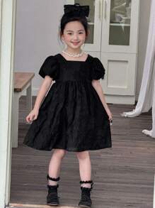 DAZY Vestido negro de línea A con cuello cuadrado y mangas abullonadas en jacquard para niña joven de verano - Negro - Ver 2