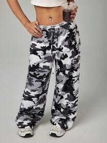 SHEIN PETITE Grey Camouflage Women's Woven Wide Leg Pants - Grey - View 6