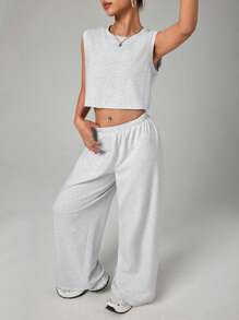SHEIN PETITE 2pcs/Set Woman Solid Color Round Neck Casual Loose Top & Pants All White Outfit Set