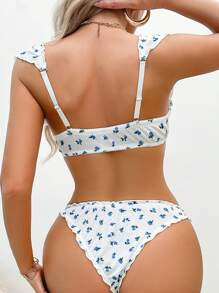 SHEIN 2件套花卉印花荷叶边文胸套装 - 白色 - 查看 2
