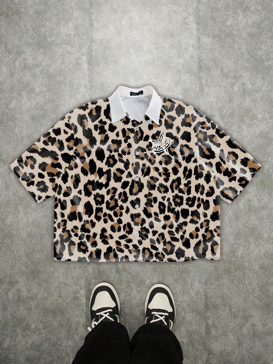 Manfinity ZONE917 男士街头风宽松豹纹星星撞色印花短款衬衫 - 彩色 - 查看 1