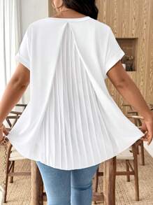 Breezaya Camiseta casual de manga corta con cuello en V y pliegues en la espalda, de unicolor, para salir, vacaciones y uso casual de negocios, talla grande para mujer
